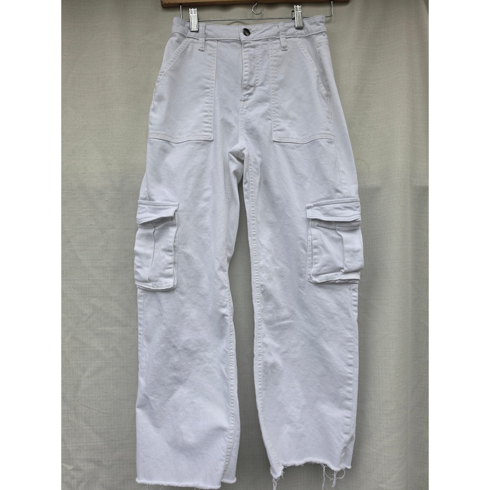 On 34th Cargo Pants Womens 4 27 High Rise Wide Leg Raw Hem Pockets White Denim